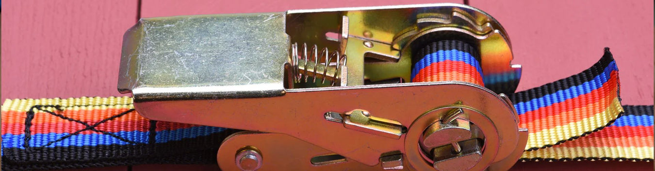 a multi-coloured taut strap fastened with a large silver clasp