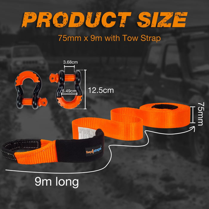 Tow Strap 10 ton Heavy Duty with Bow Shackles - 9m