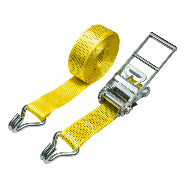 A yellow ratchet strap with metal claw hooks and a fixed end, displayed on a white background.