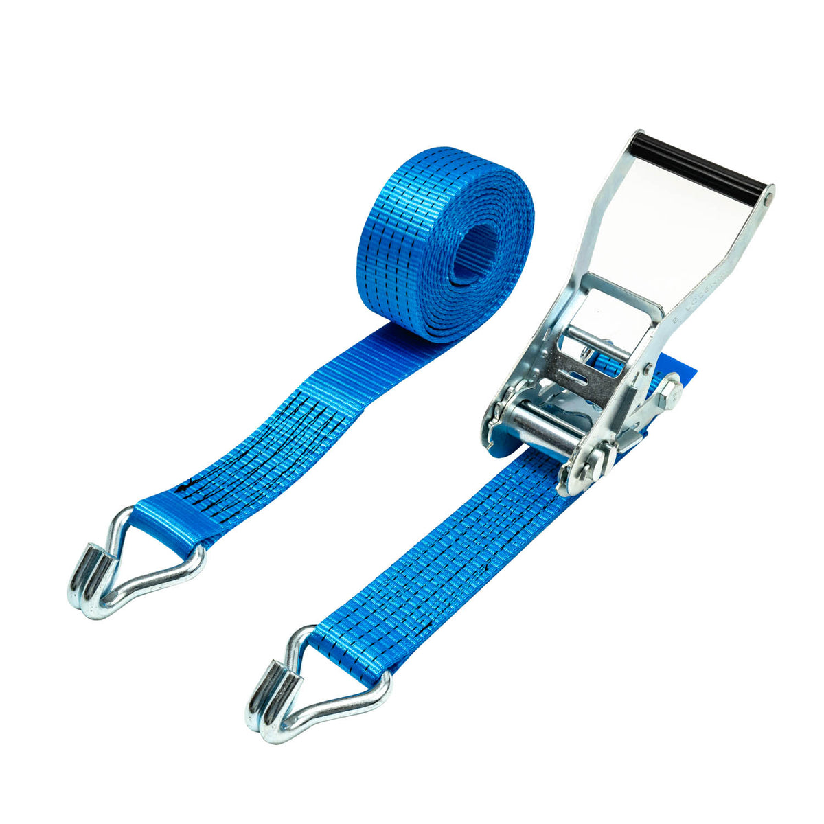 A blue 50mm ratchet strap with claw hooks, designed for securing loads.