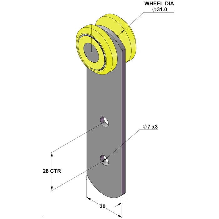 A design showing the diameters of a roller
