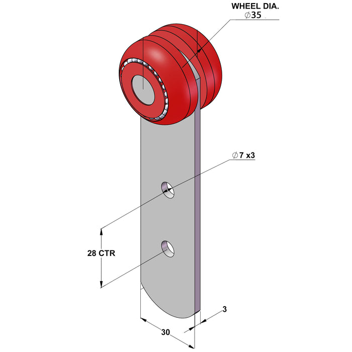 A diagram showing the measurements of a red wheel and roller