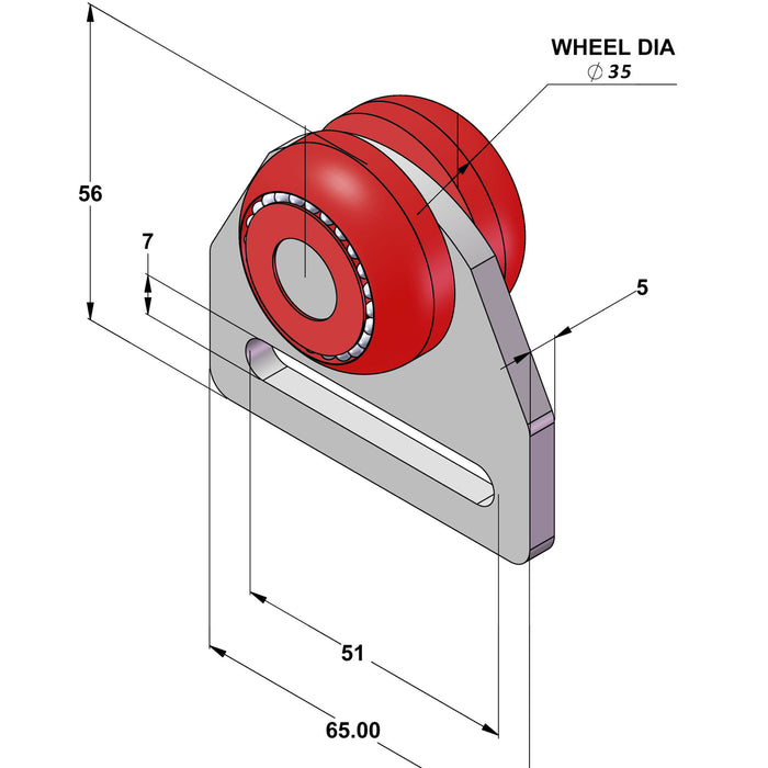 A diagram showing the measurements of a red bobbin and silver roller