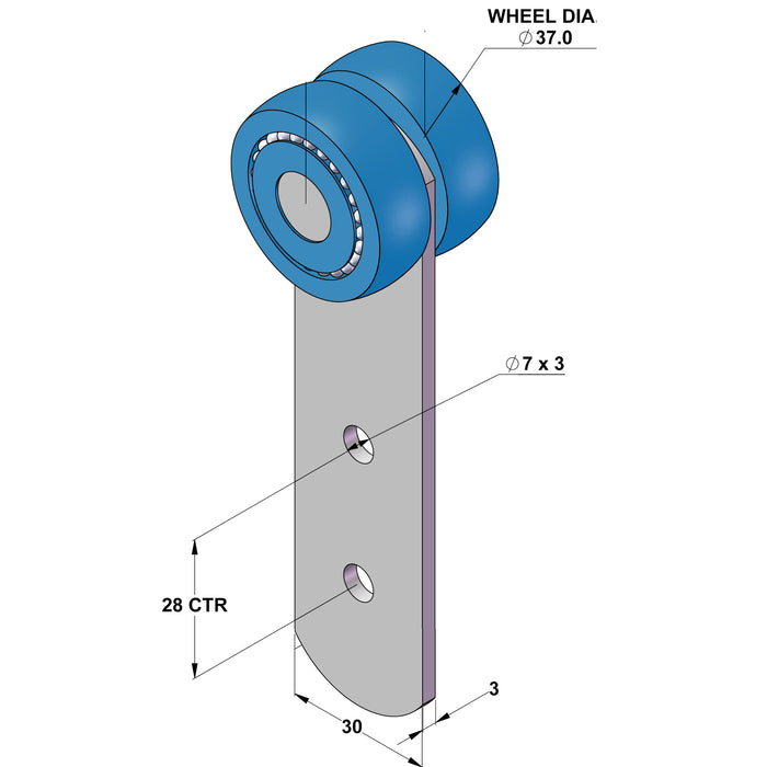 A diagram showing the measurements of a blue bobbin and silver roller when combined 