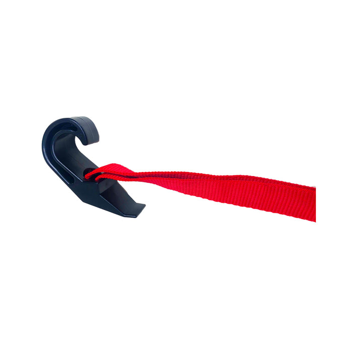 An image showing a red strap and black hook also known as a roll cage supermarket hook strap